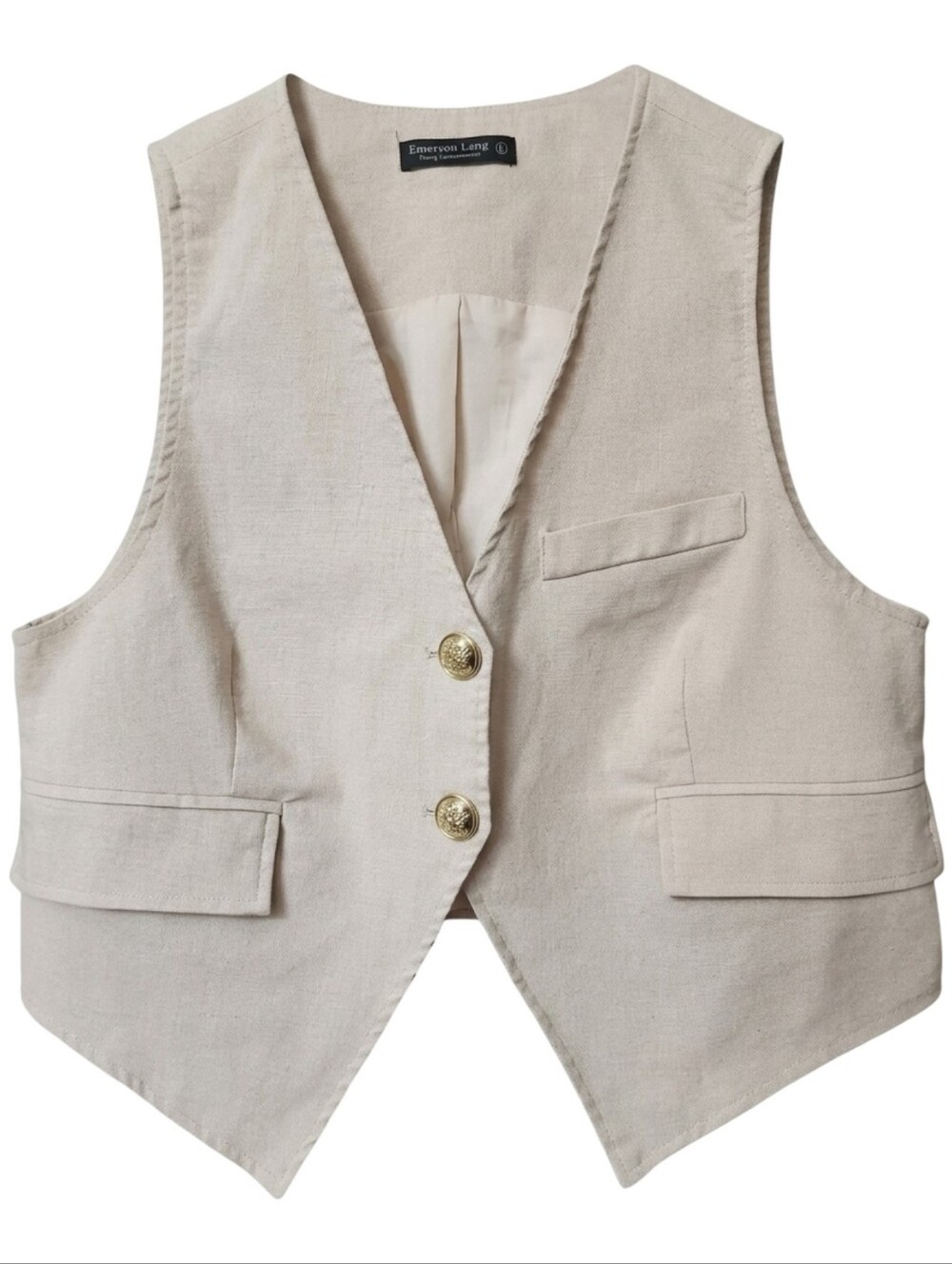 EMERSON LANG Beige Linen Suit Vest Large Gold Button Quiet Luxury Coastal Chic L